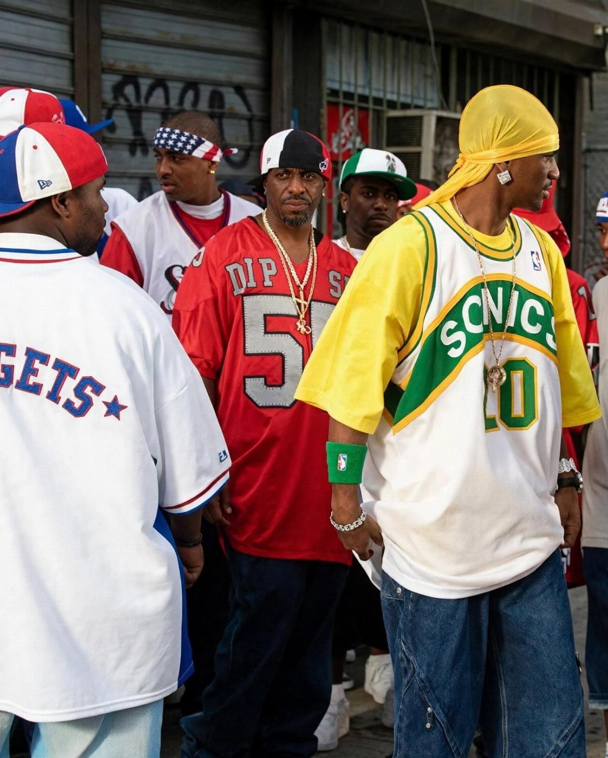 Men wearing oversized basketball jerseys and various headwear like a yellow durag in an urban setting.