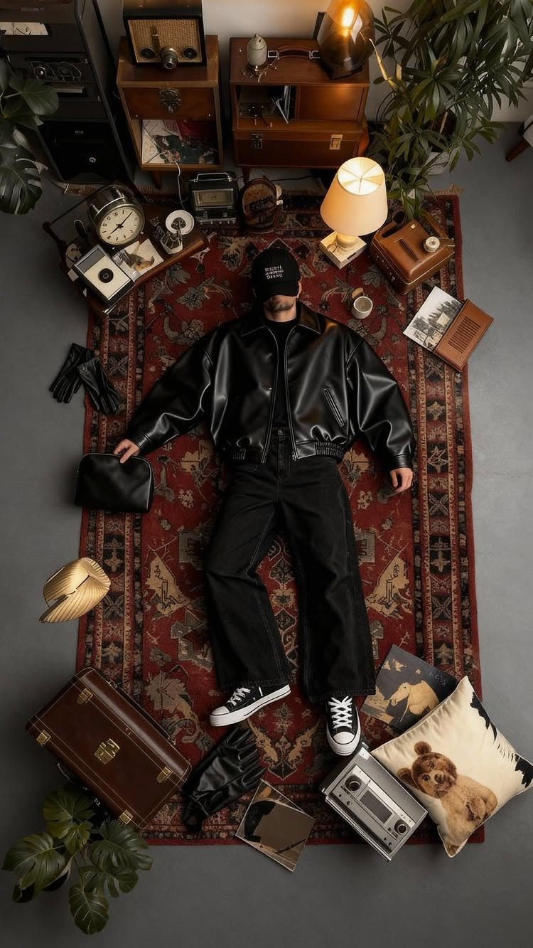 Person wearing an oversized black leather jacket, loose black pants, and black sneakers lying on a rug.