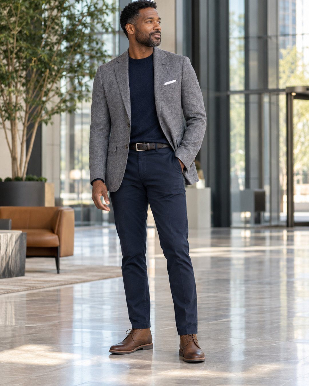 A man posing in a grey blazer, navy shirt, navy trousers, and brown leather boots.
