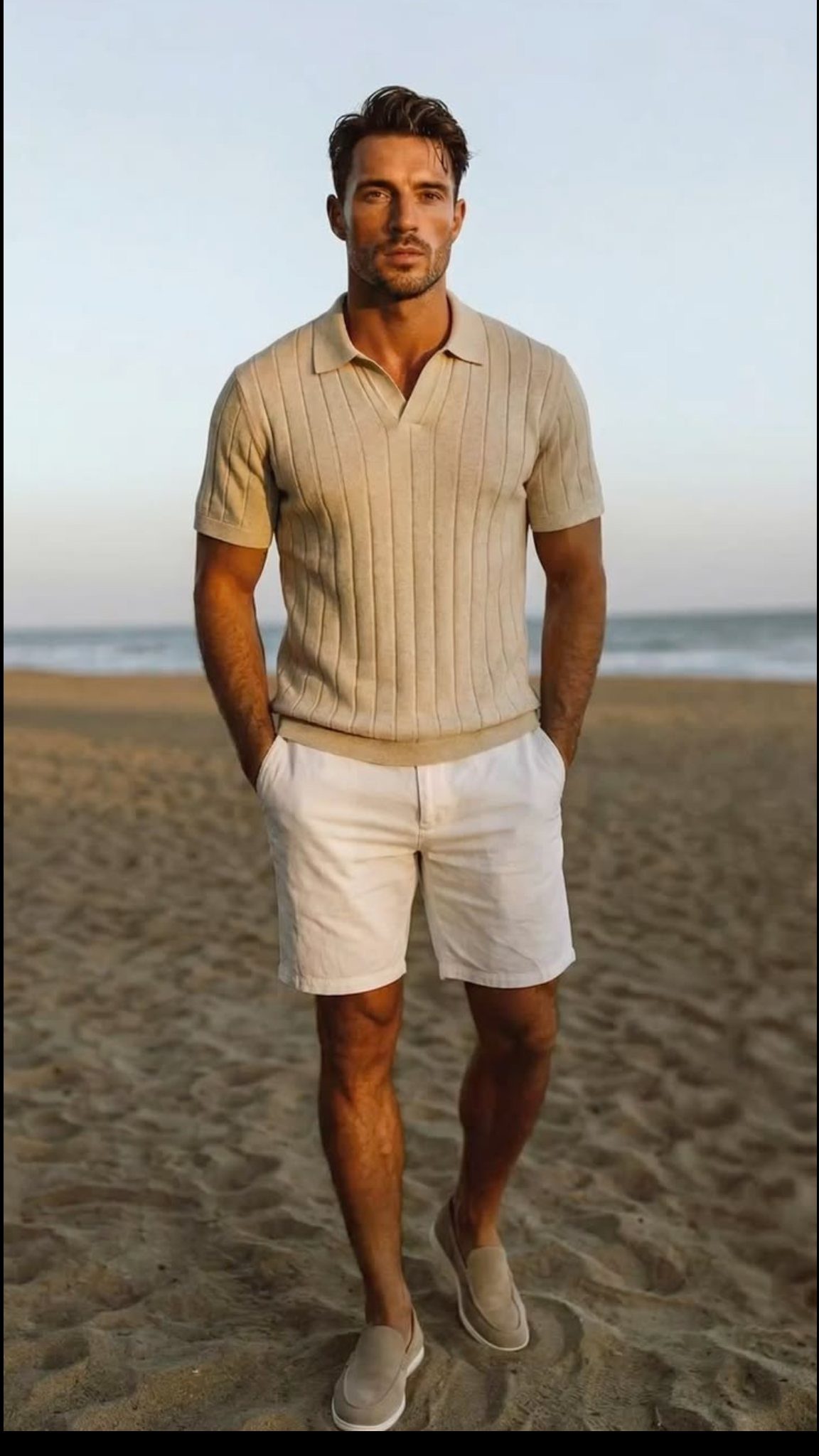 A man wearing a tan ribbed polo shirt and white shorts standing on a beach.