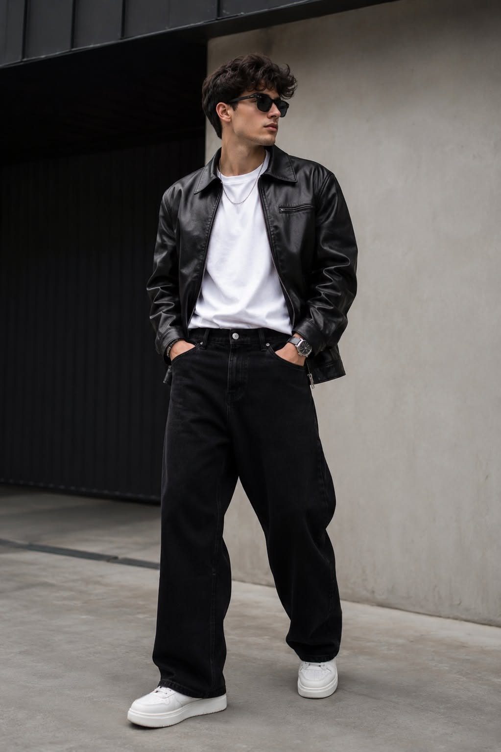 Man in black leather jacket, white t-shirt, and black trousers standing outdoors.