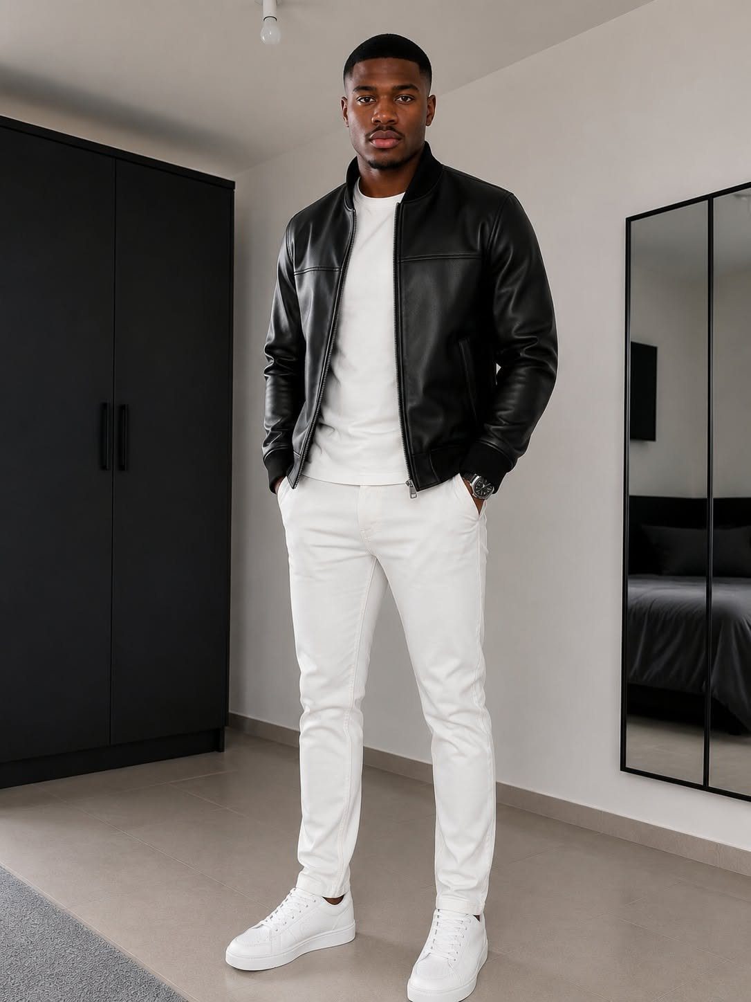 A man wearing a black leather jacket, white t-shirt, white pants, and white sneakers.