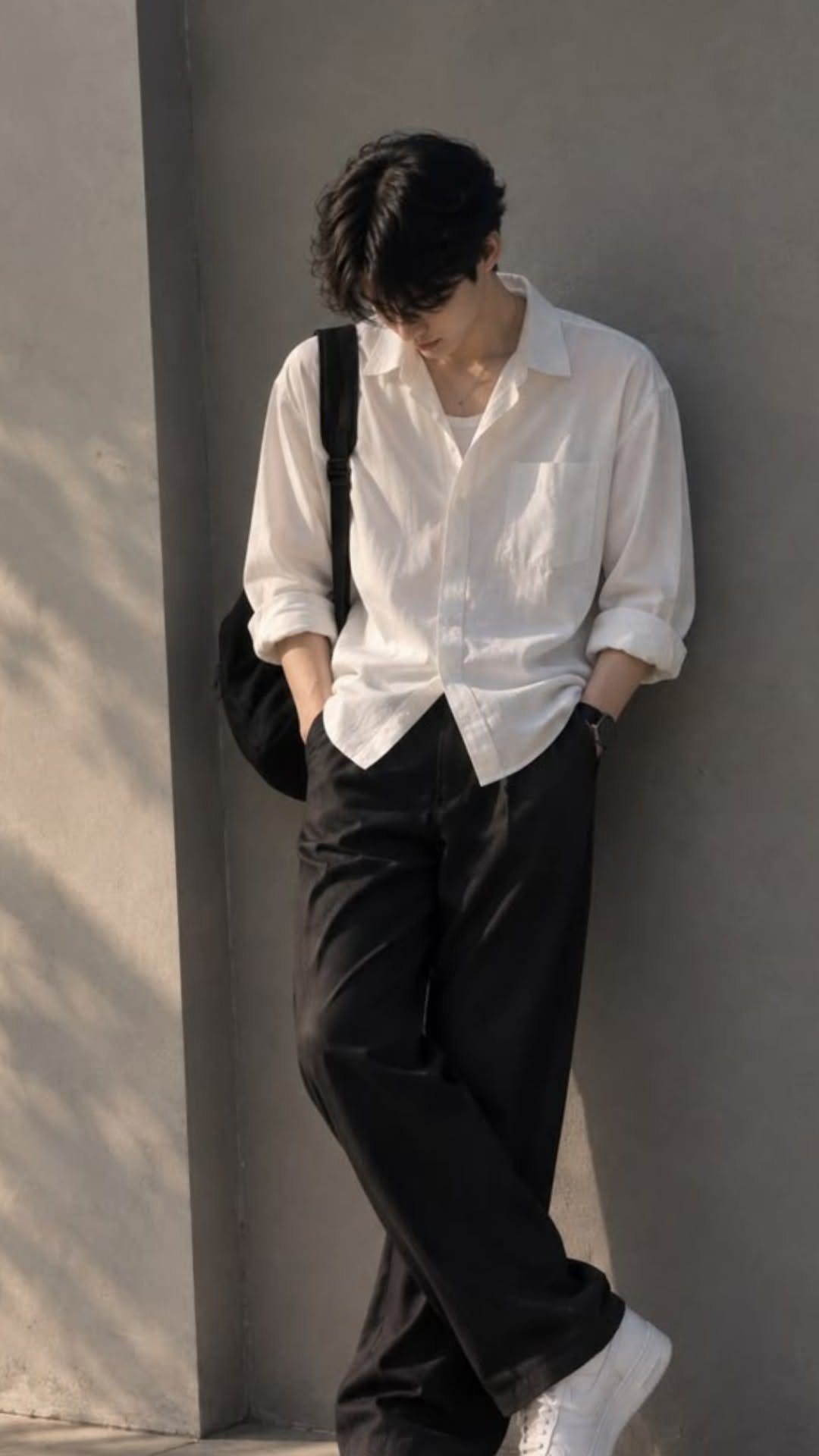 Man in a white button-down shirt and black trousers leaning against a wall.