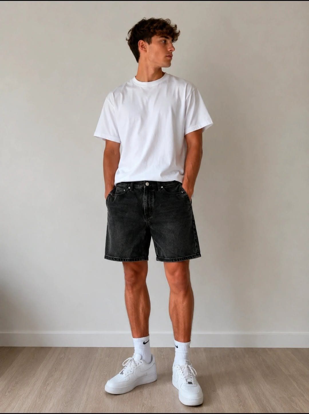 A young man posing in a white t-shirt, black shorts, and white sneakers.