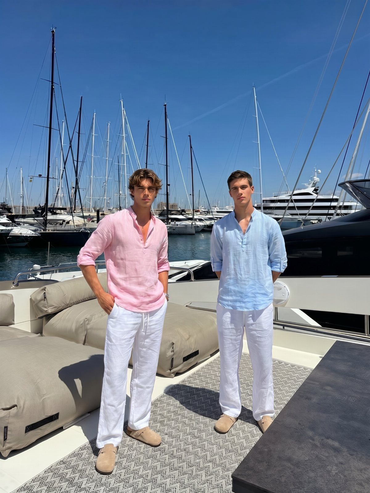 Two men in linen shirts and white trousers standing on a boat deck near sailboats.