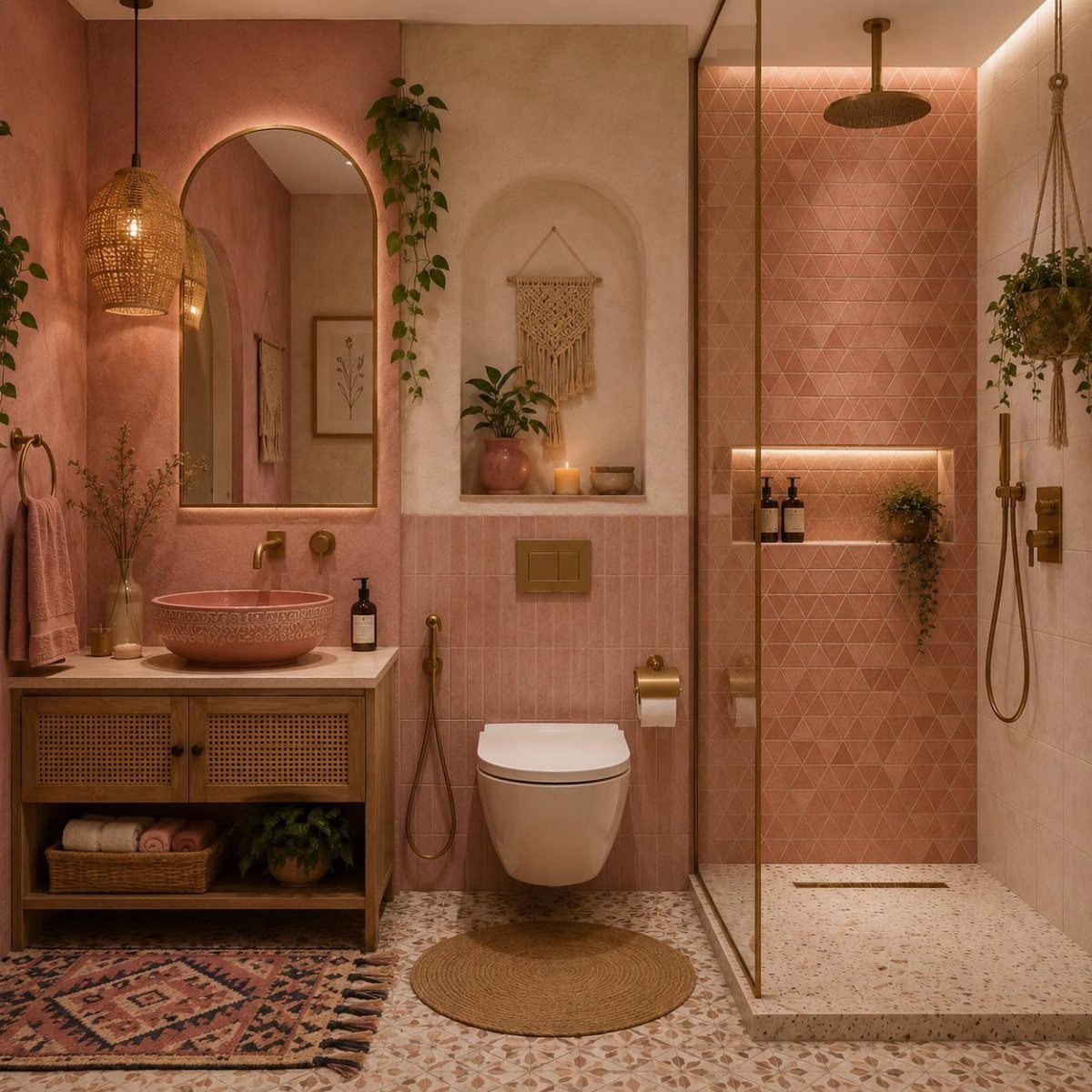 Bohemian bathroom with pink tiles, rattan vanity, arched mirror, and lush green indoor plants.