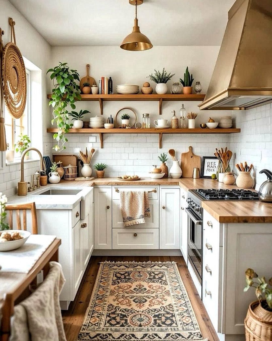 Boho style kitchen with white cabinets, wooden shelves, indoor plants, and a patterned rug.