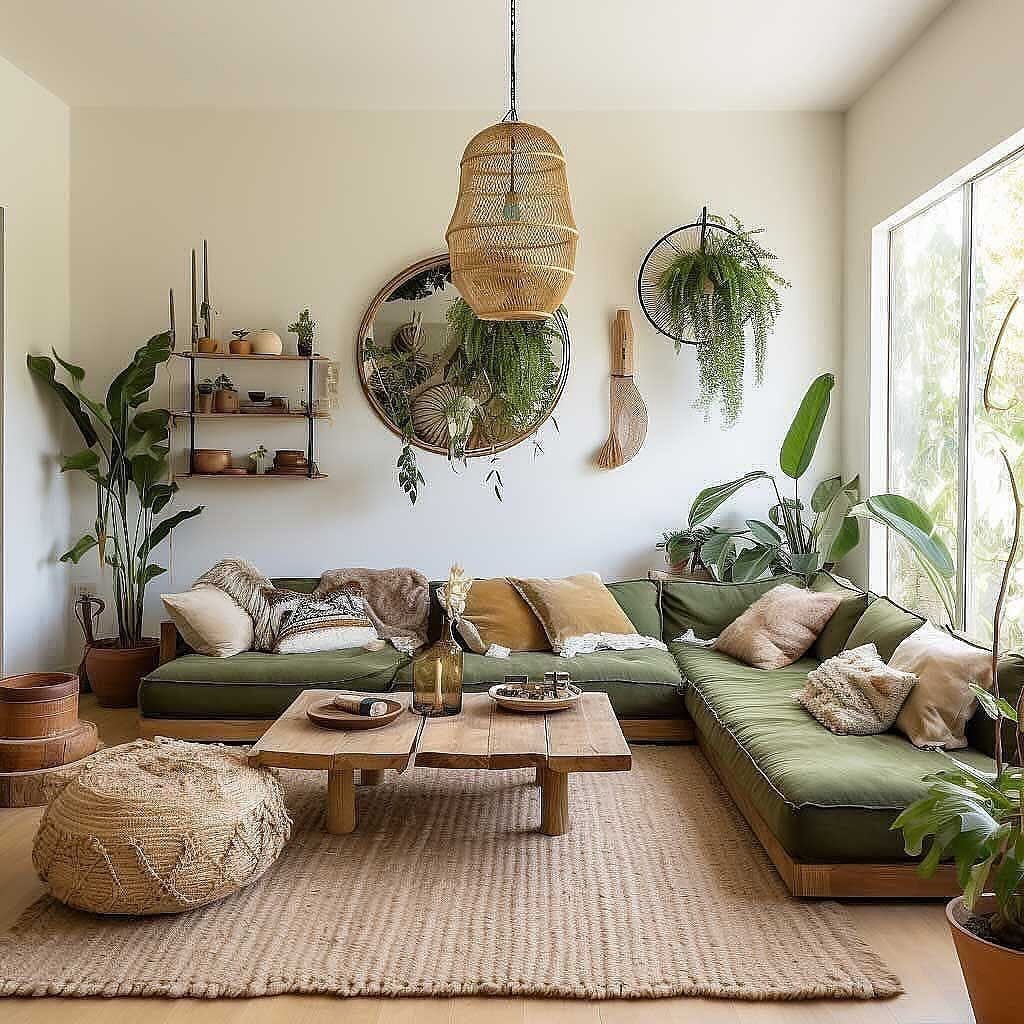 A bohemian living room with a green sectional sofa, wooden coffee table, and various indoor plants.