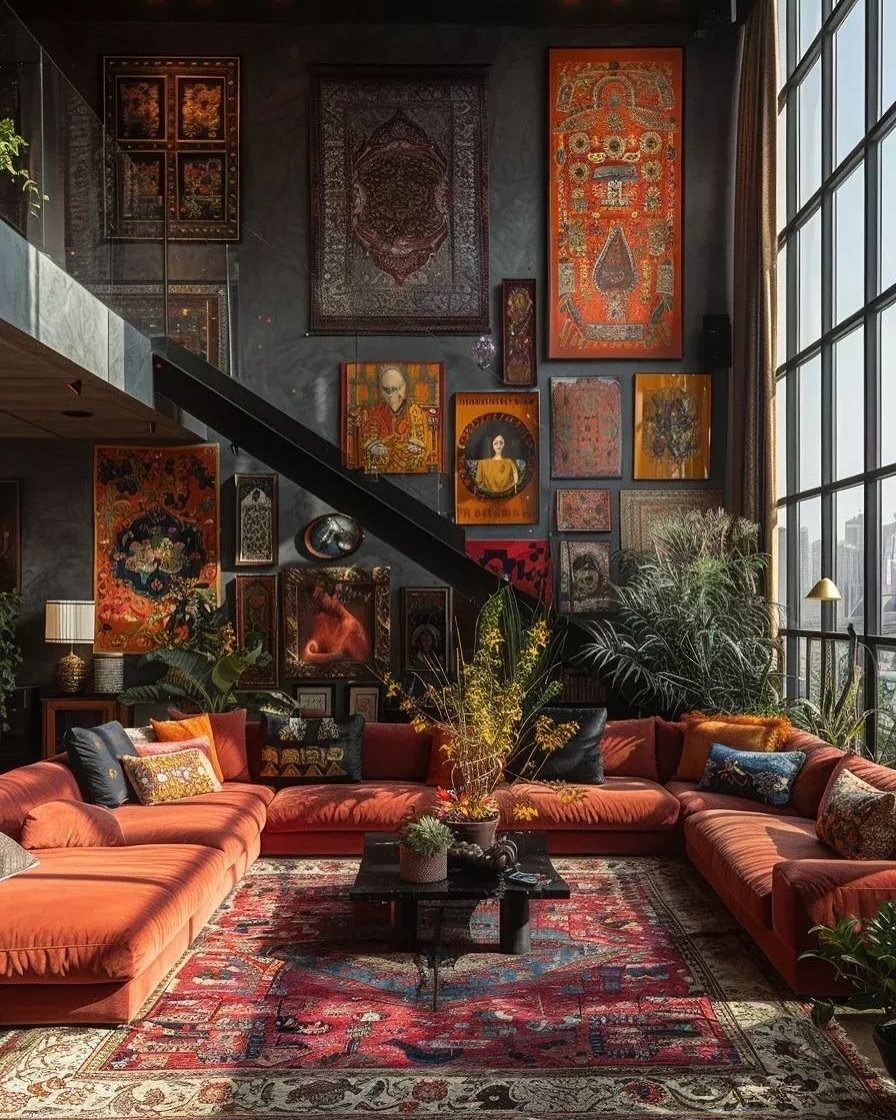 Orange sectional sofa in a bohemian living room with a gallery wall and patterned rugs.