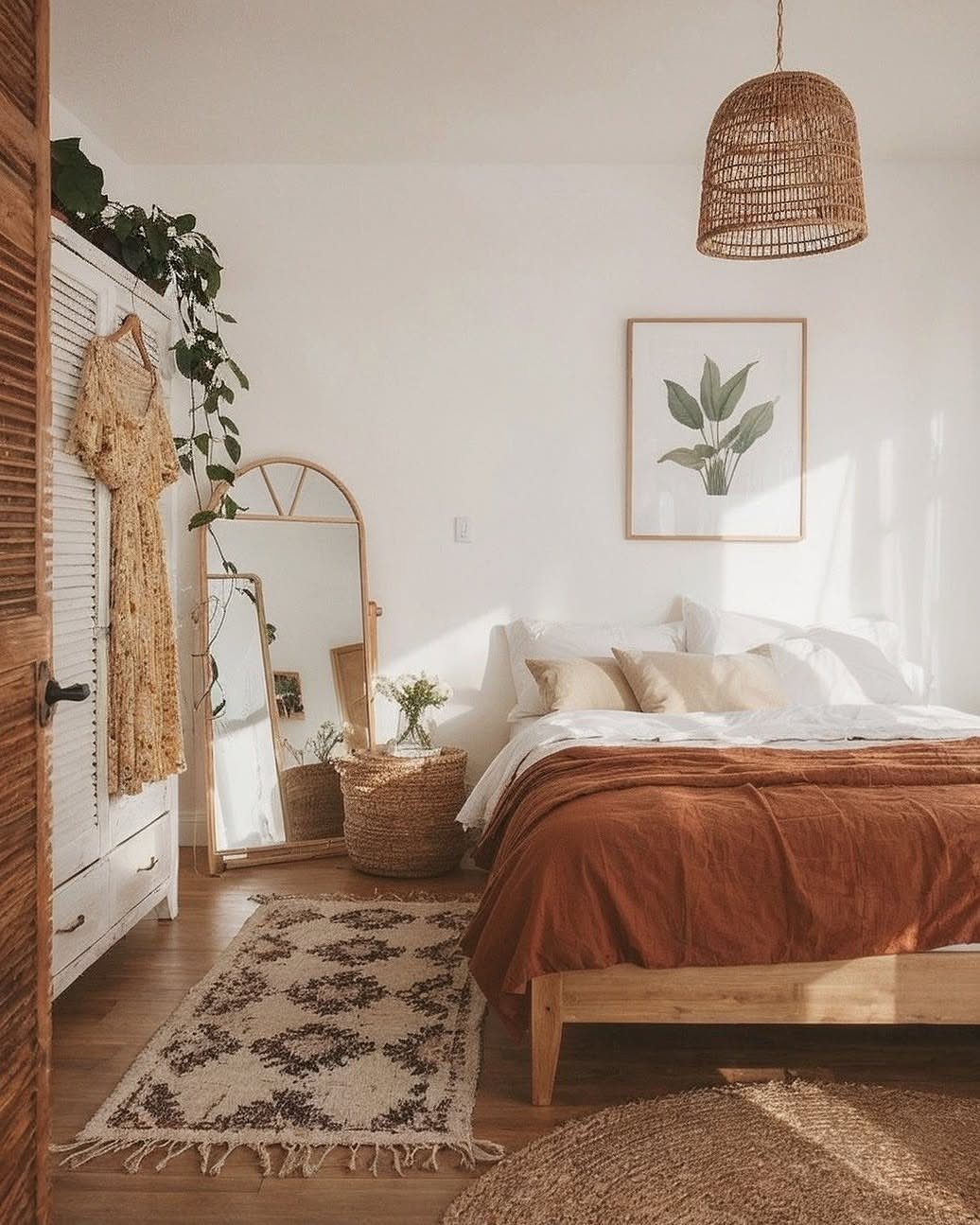 A cozy bedroom with terracotta layered bedding, a rattan light, and a patterned rug.