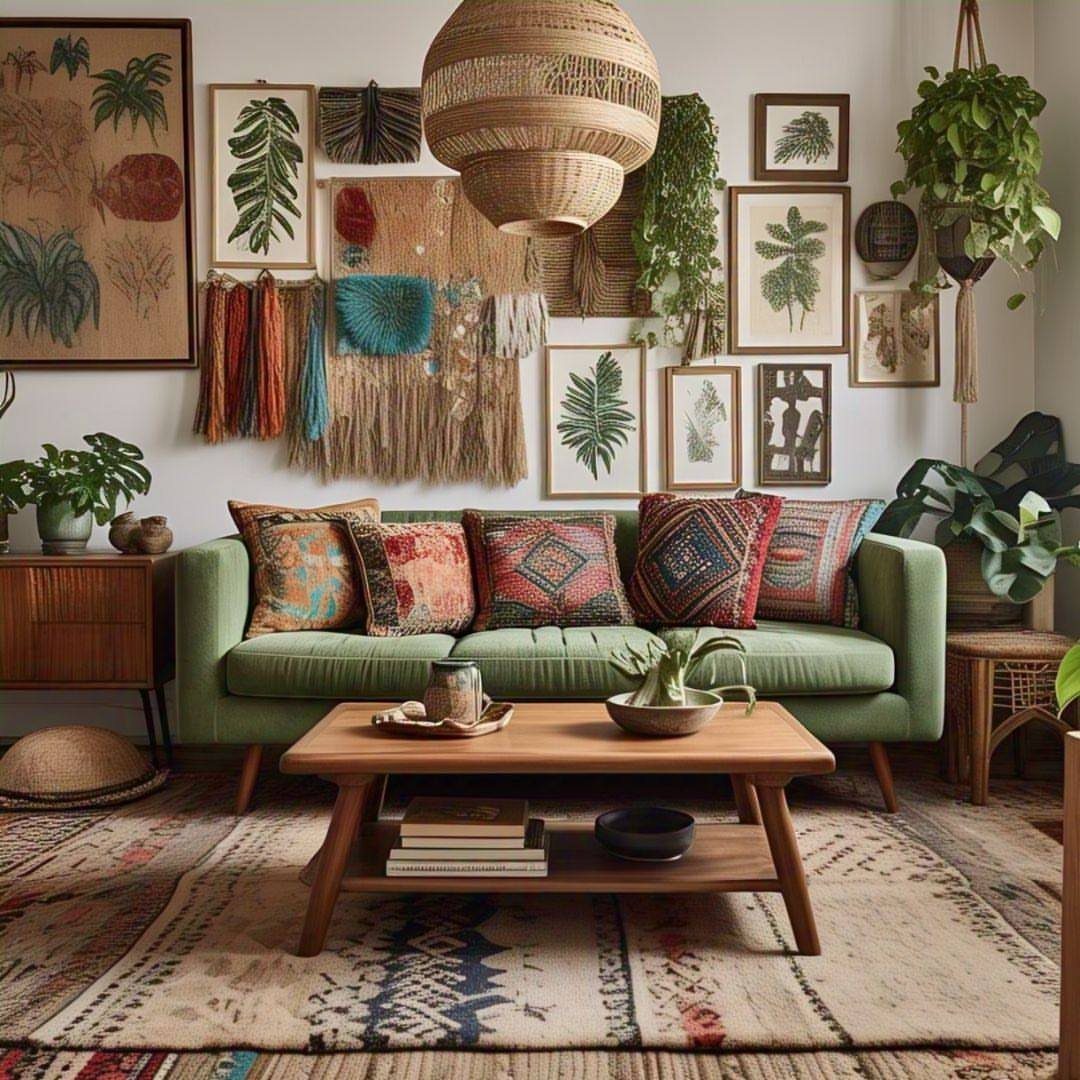 A green sofa sits in a bohemian living room with layered patterned rugs and botanical wall art.