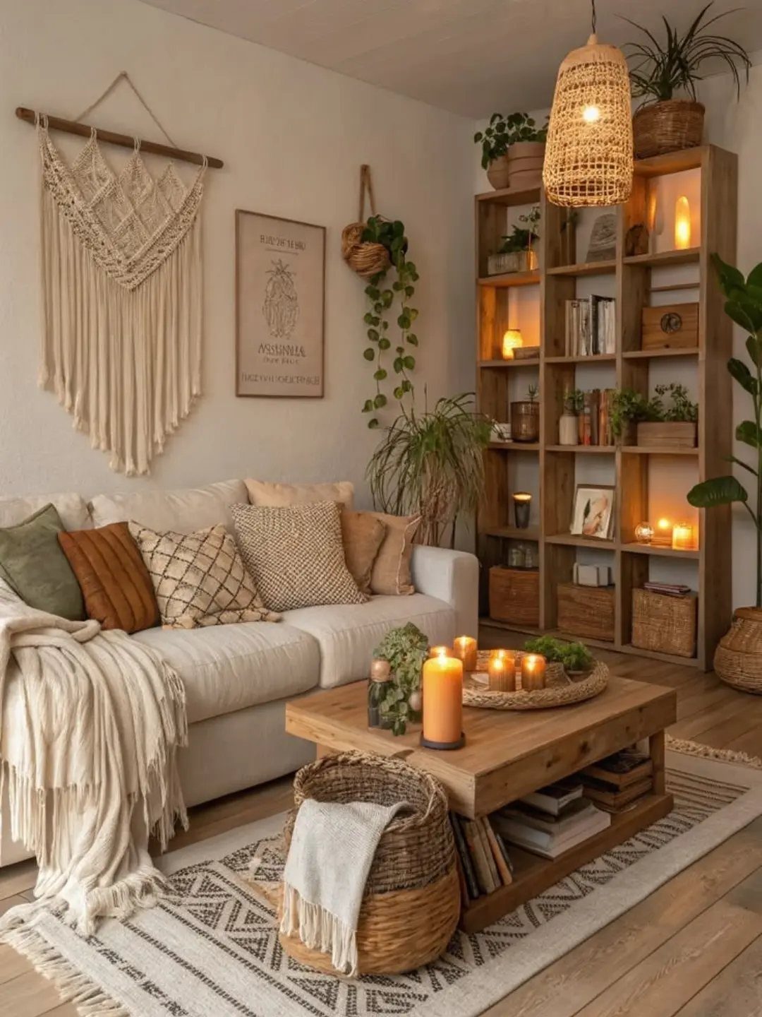Bohemian living room with a large macrame wall hanging, white sofa, and wooden furniture.