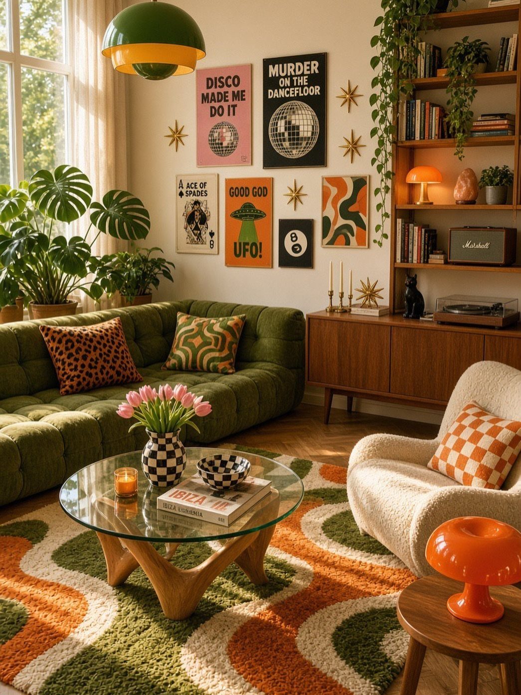 A colorful living room with a green velvet sofa, white armchair, and eclectic wall art.