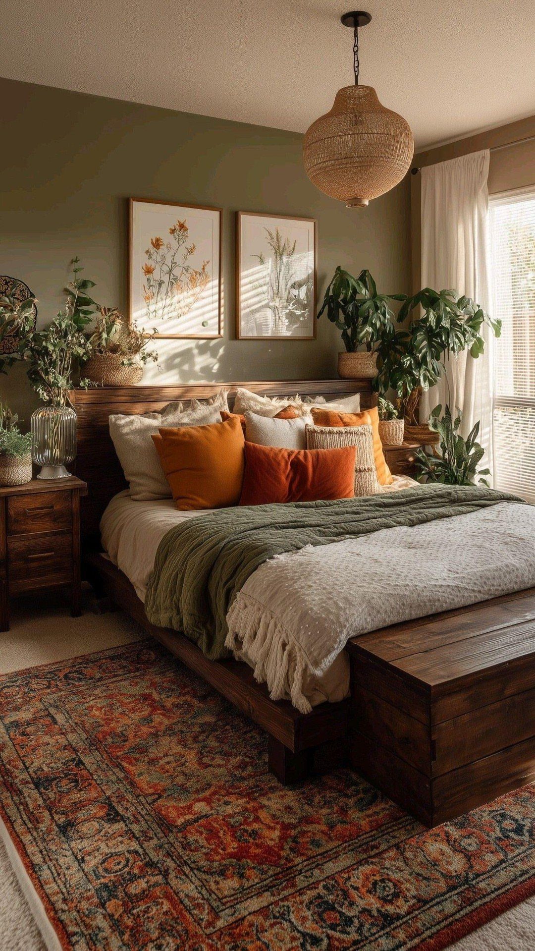 A bohemian bedroom with a wooden bed, layered textiles, indoor plants, and a rattan pendant light.