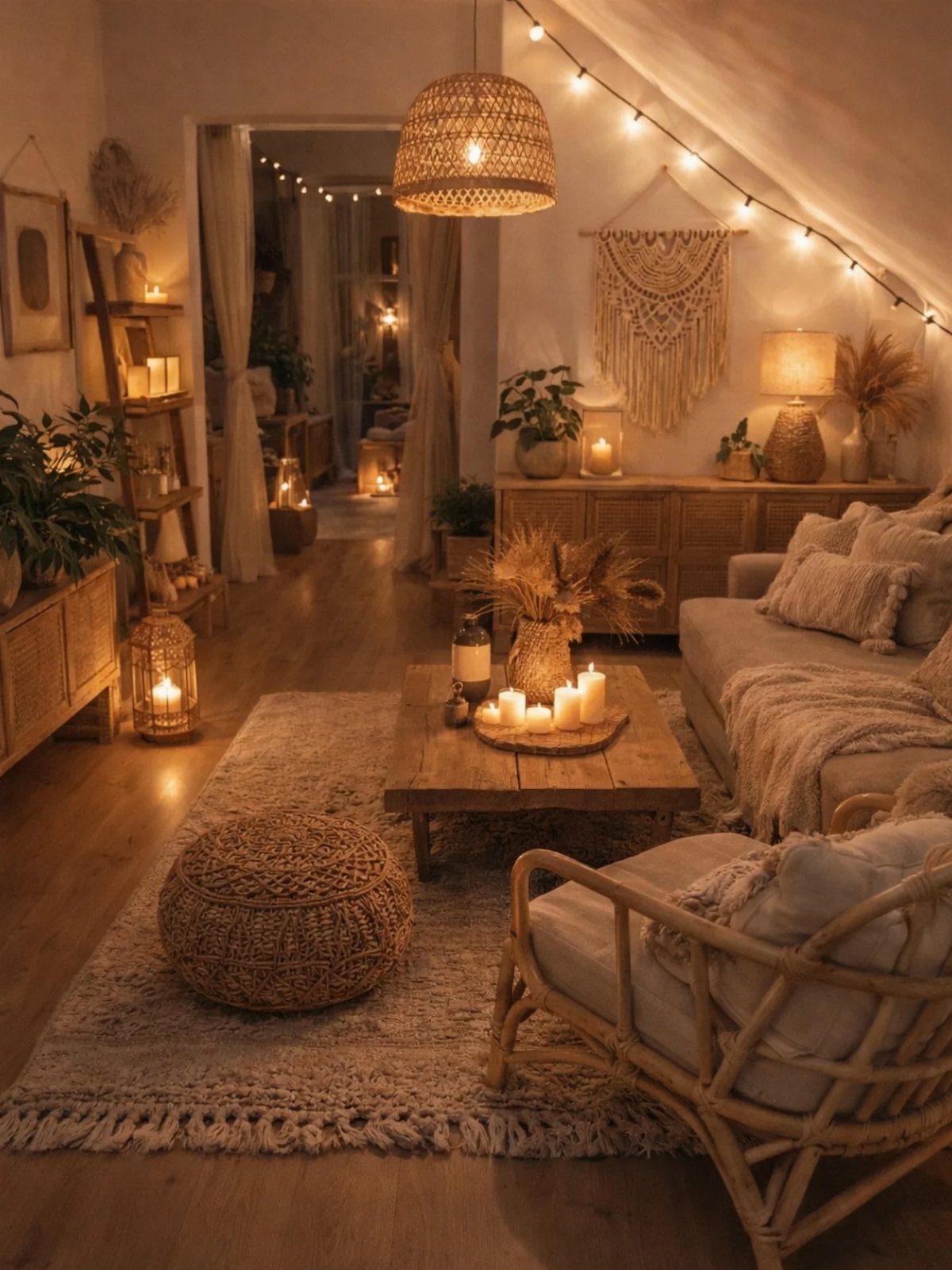 Bohemian living room with rattan furniture, macrame decor, candles, and warm string lights.