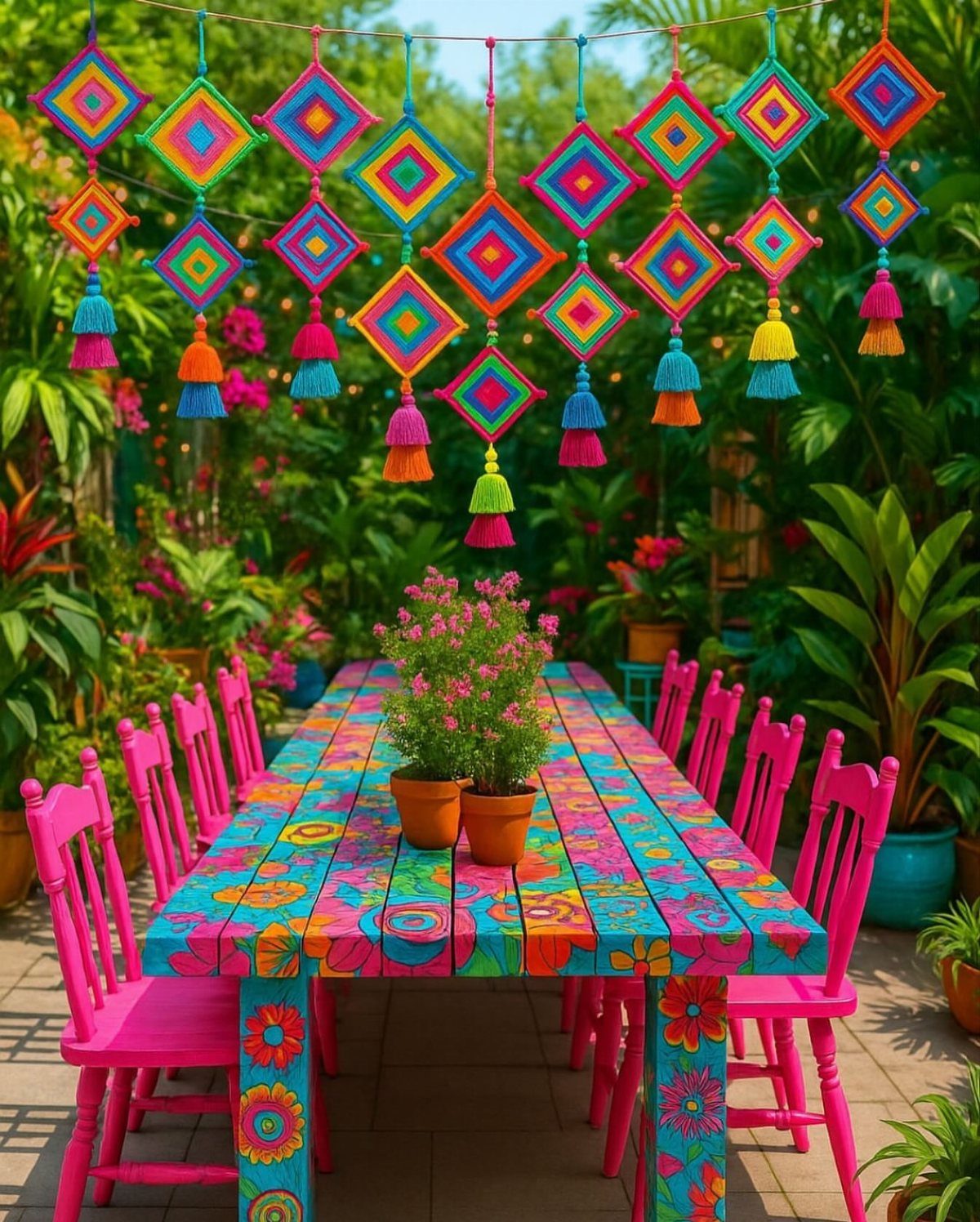 Vibrantly painted outdoor dining table and chairs with colorful floral patterns in a garden.