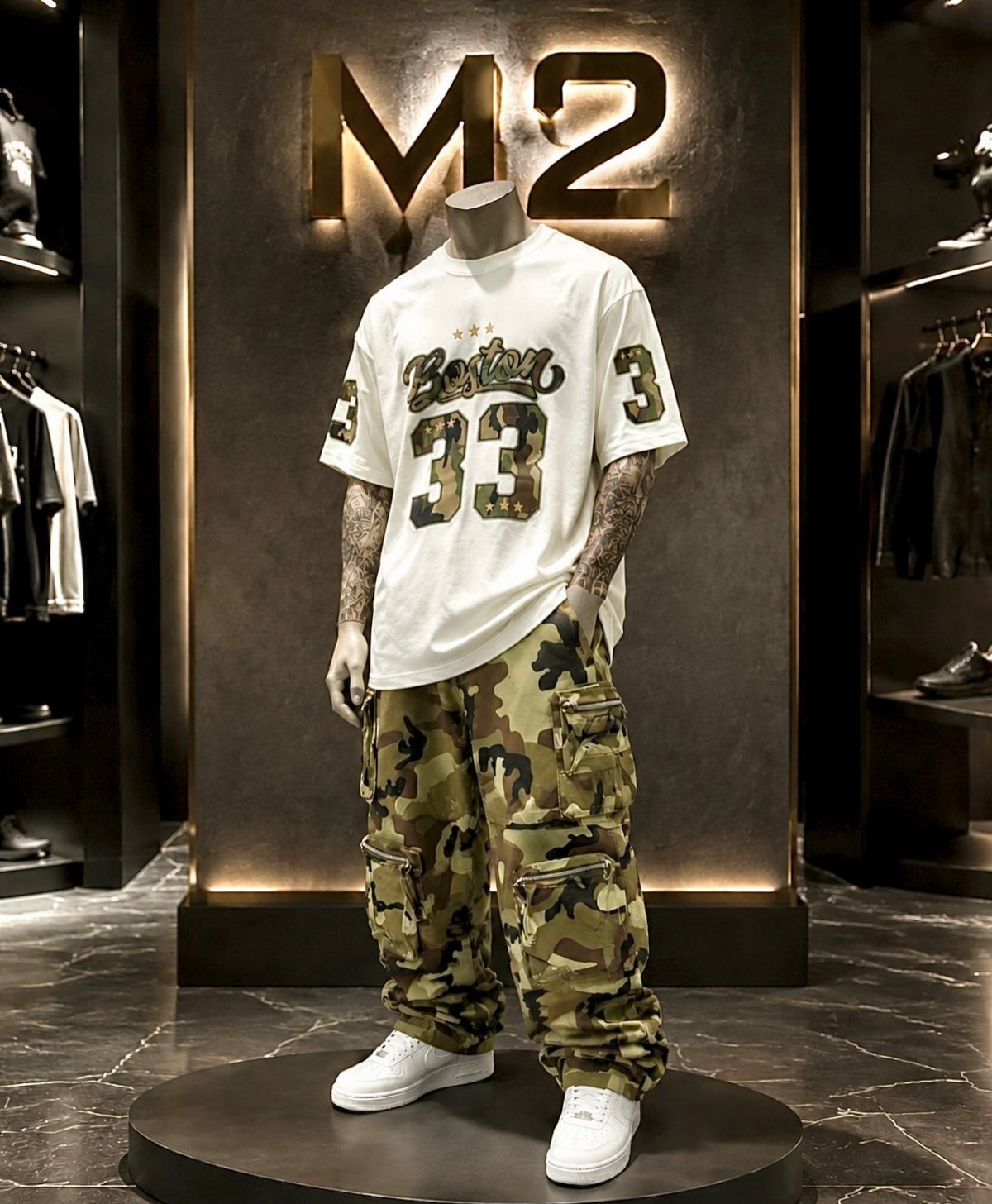 Mannequin wearing a white graphic t-shirt and camouflage cargo pants with white sneakers.
