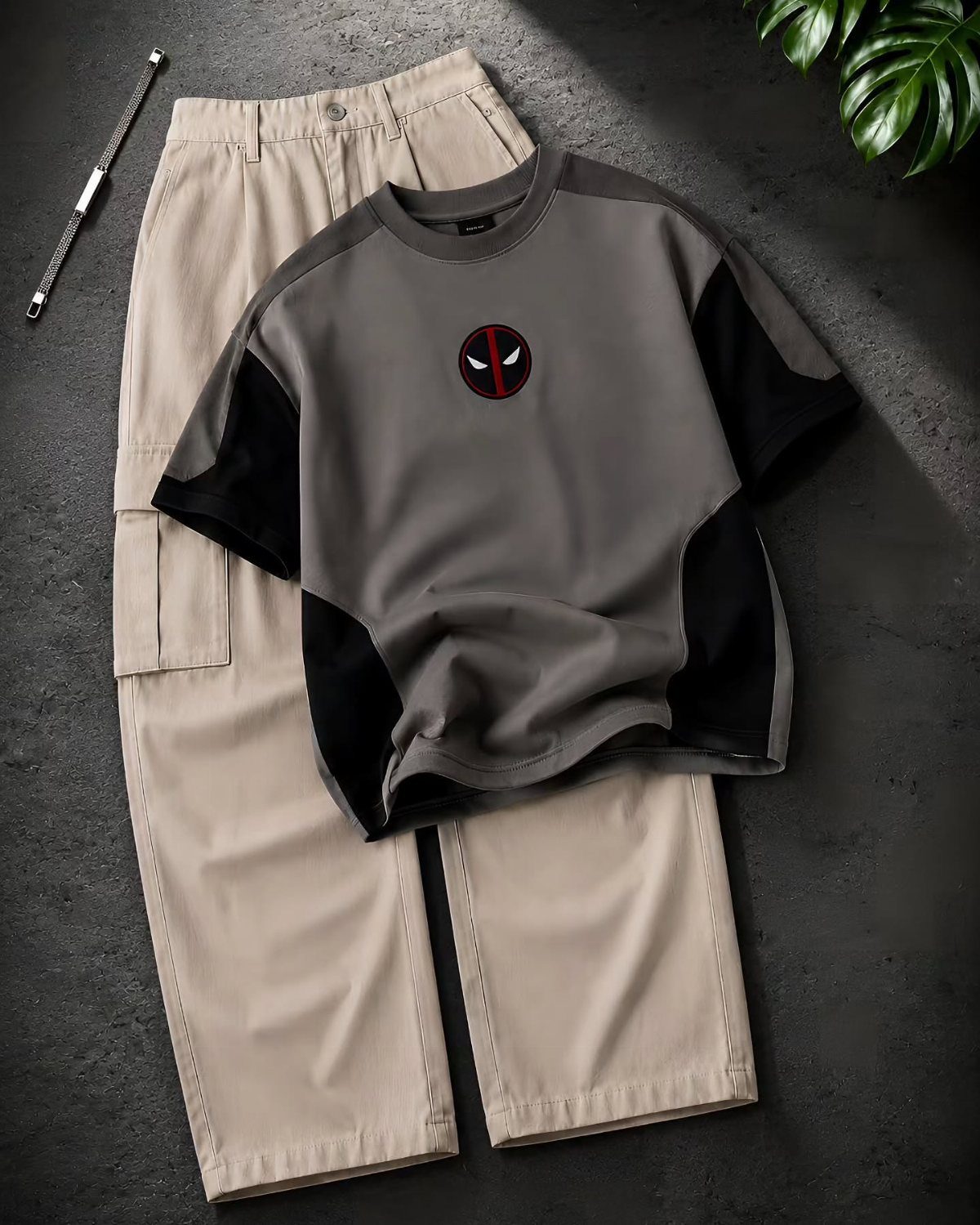 Grey and black graphic T-shirt with Deadpool icon paired with beige cargo pants on dark background.