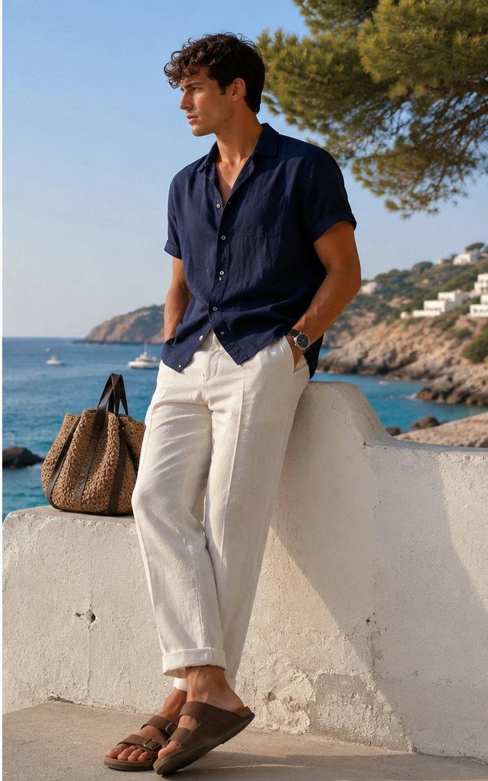 Man in navy shirt and cream linen trousers leaning against a seaside wall.