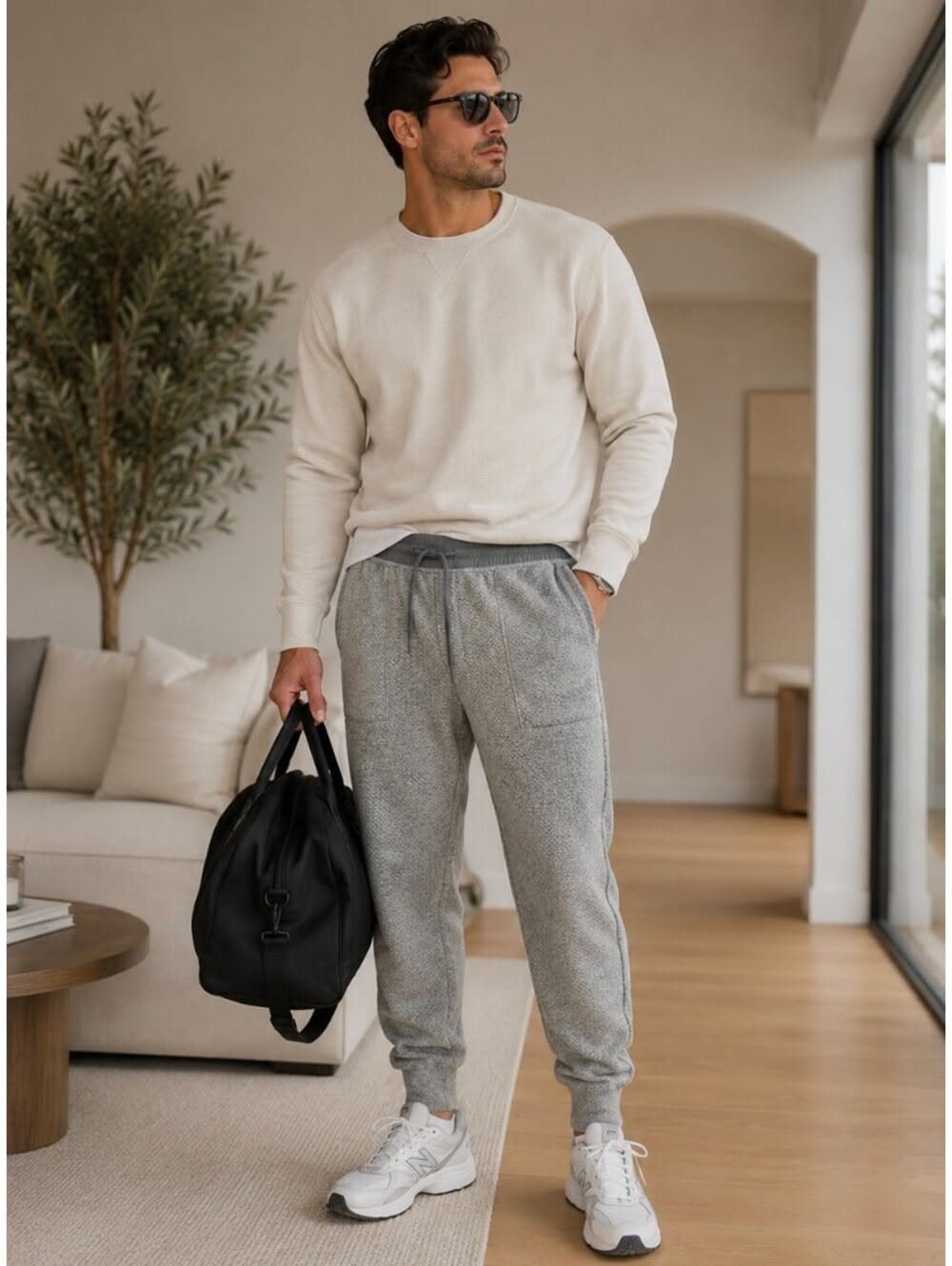A man in a cream sweatshirt and grey joggers standing in a modern living room.