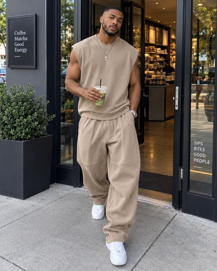 A man in a tan sleeveless top and matching sweatpants walking outside a cafe.