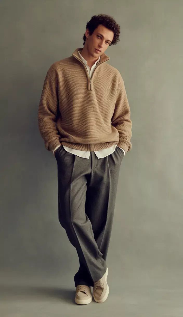 A man wearing a tan quarter-zip sweater, white shirt, and grey pleated trousers.