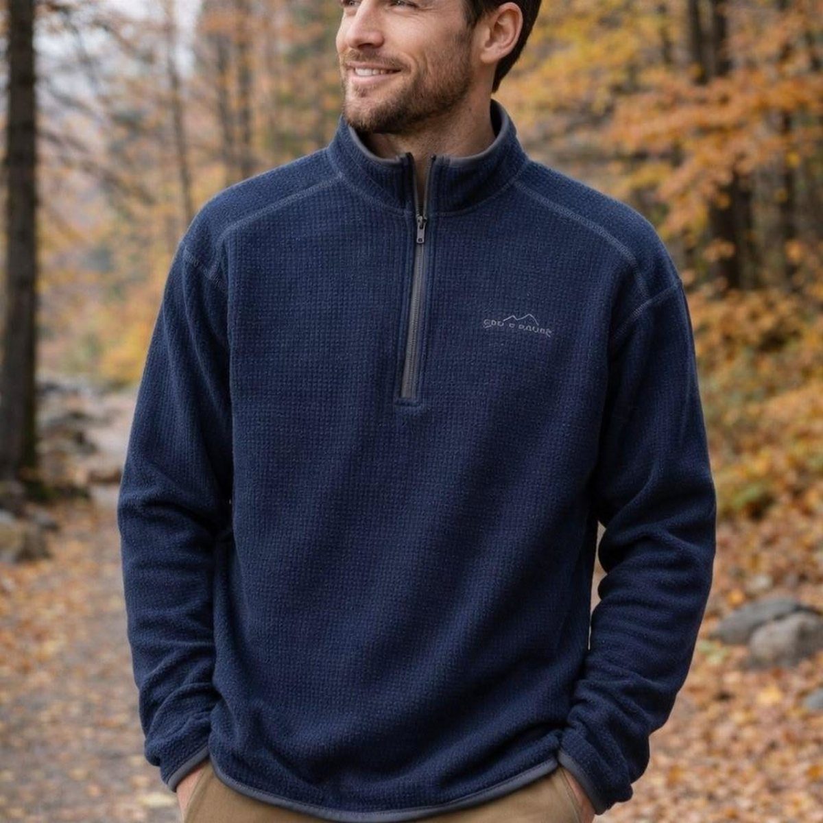 Man wearing a navy blue textured quarter-zip fleece jacket in an autumn forest.
