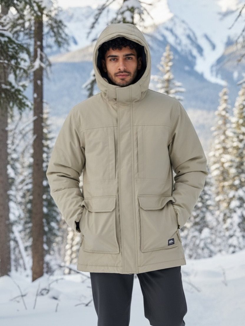 A man wearing a tan hooded soft shell parka standing in a snowy forest.