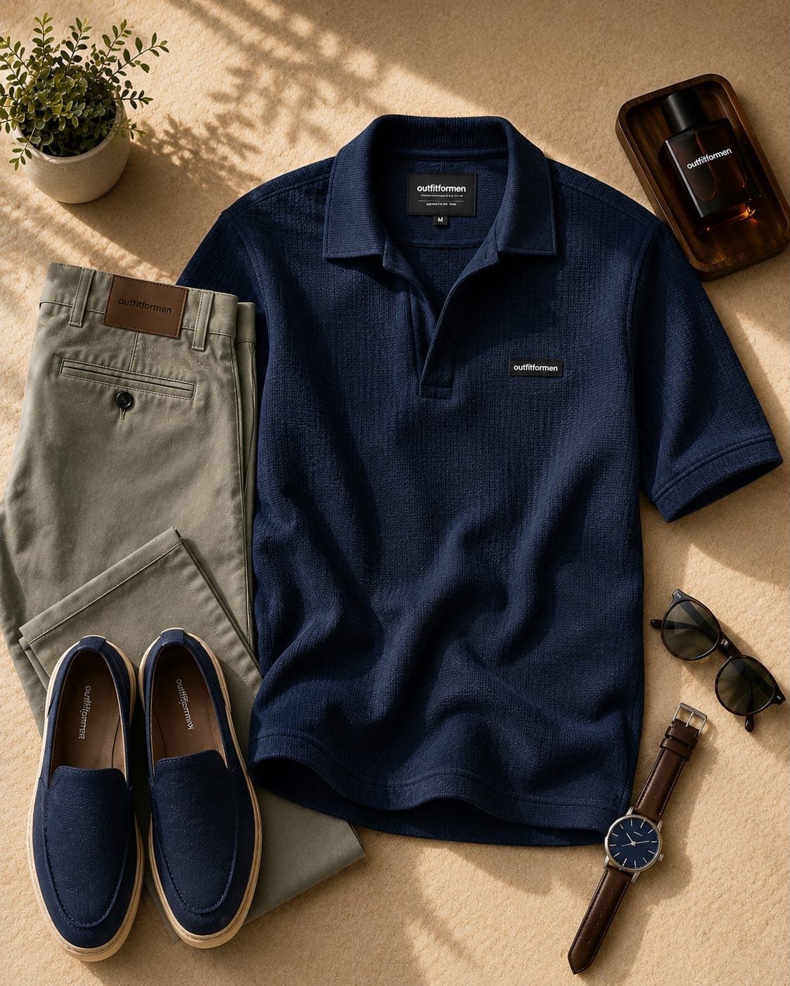 Navy polo shirt, khaki pants, blue loafers, a watch, and sunglasses arranged on a tan surface.