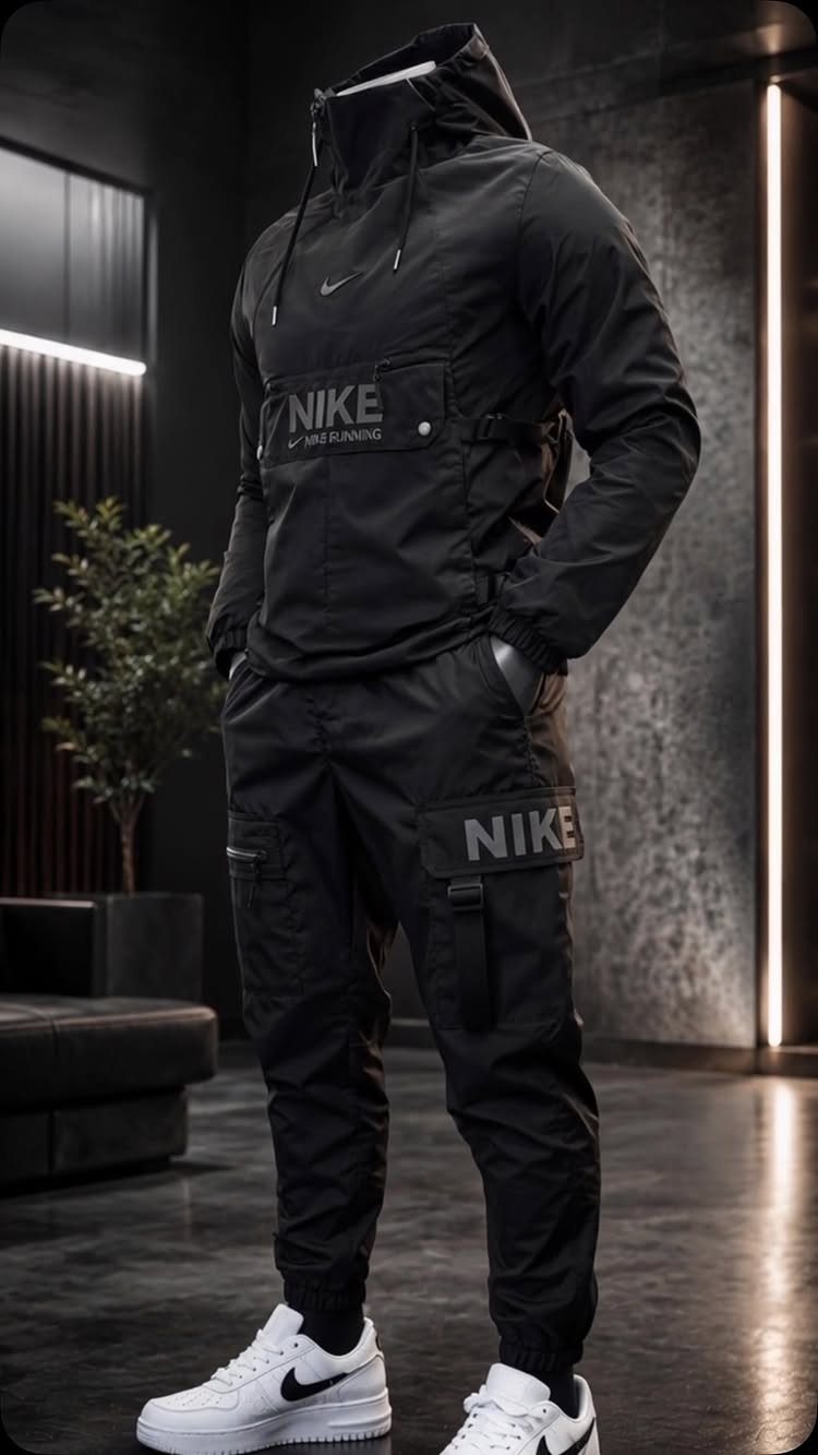 Man in black Nike techwear tracksuit and white sneakers standing in a dark modern room.