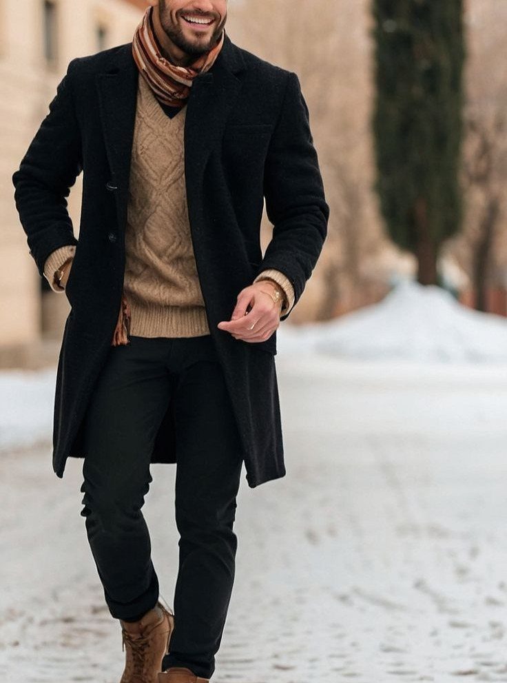 Man in a black coat, tan sweater, and scarf walking through a snowy street.