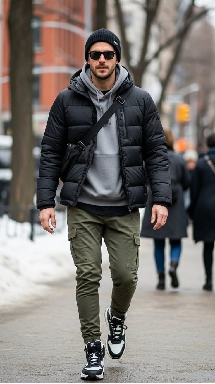 Man walking in a city wearing a black puffer jacket, grey hoodie, and olive cargo pants.