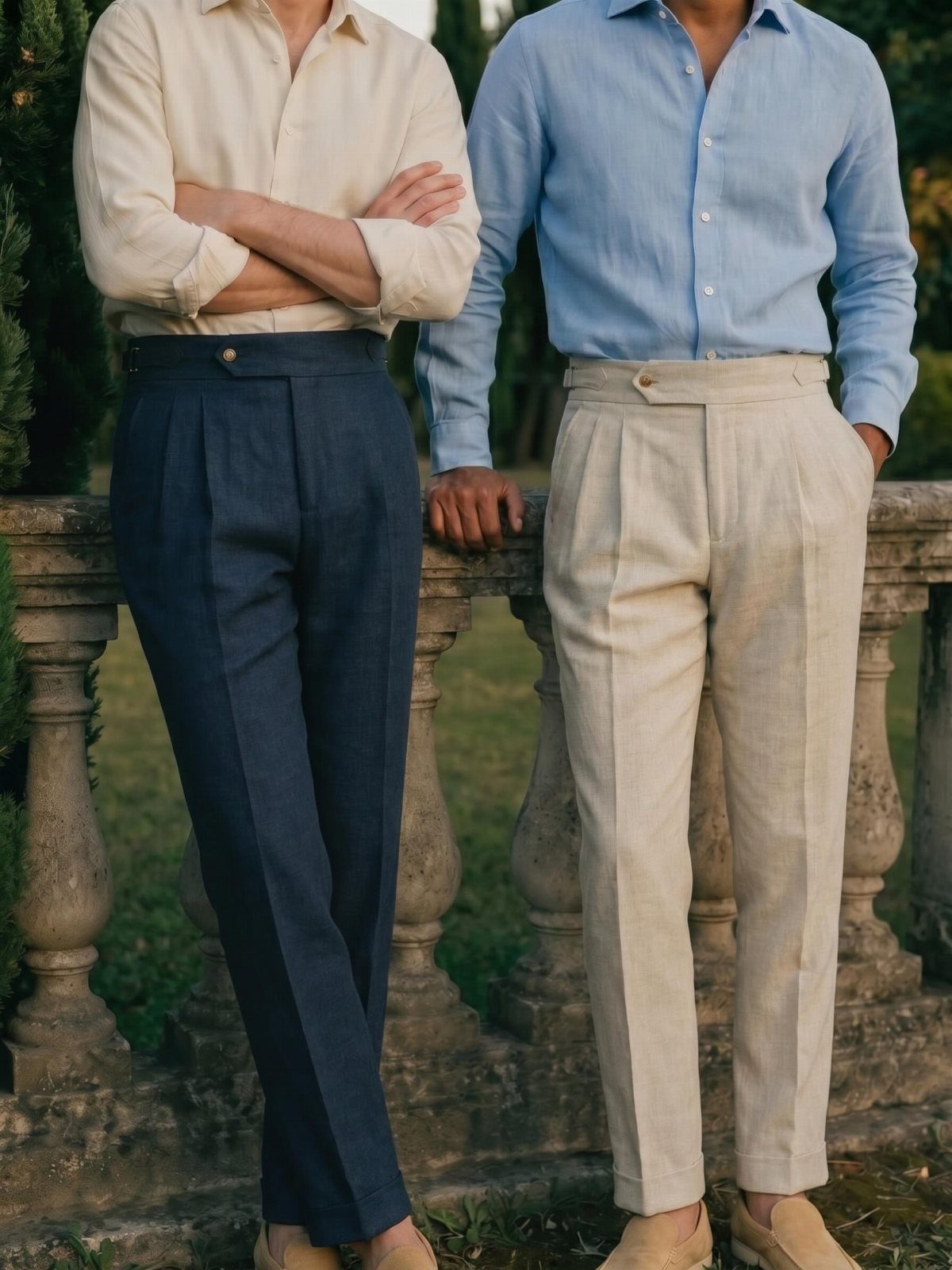 Two men posing in linen shirts and high-waisted trousers by a stone balustrade.