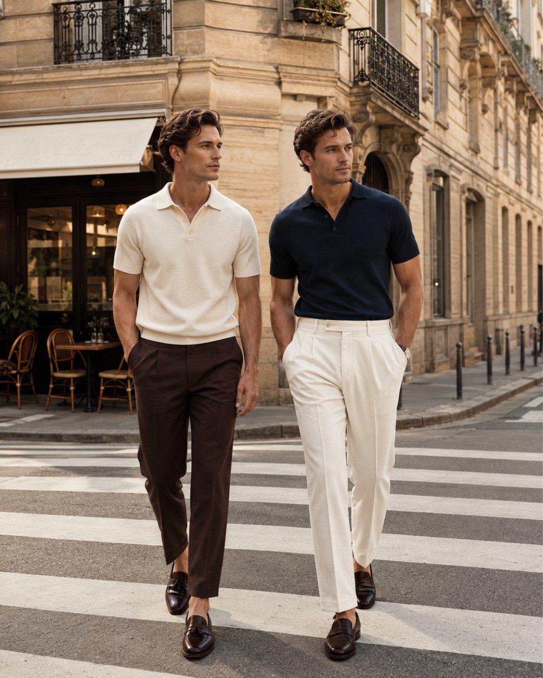 Two men in polo shirts and trousers walking across a city street crosswalk.