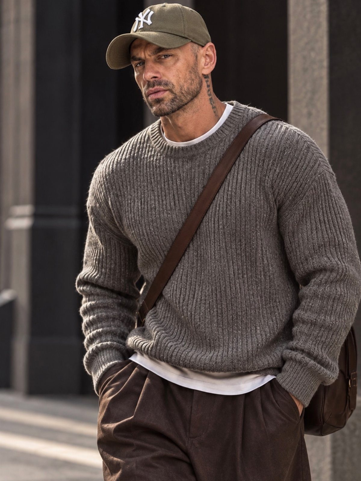 A man in a grey ribbed sweater, olive baseball cap, and brown trousers standing outdoors.
