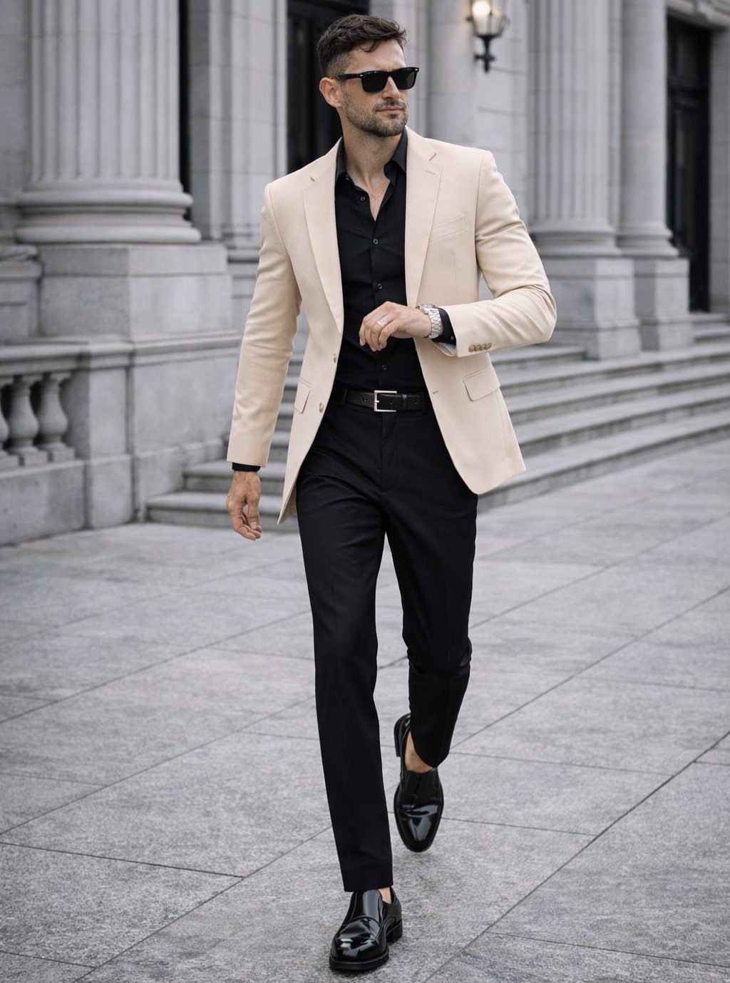 Man walking in a cream blazer, black open-collar shirt, and black trousers outdoors.