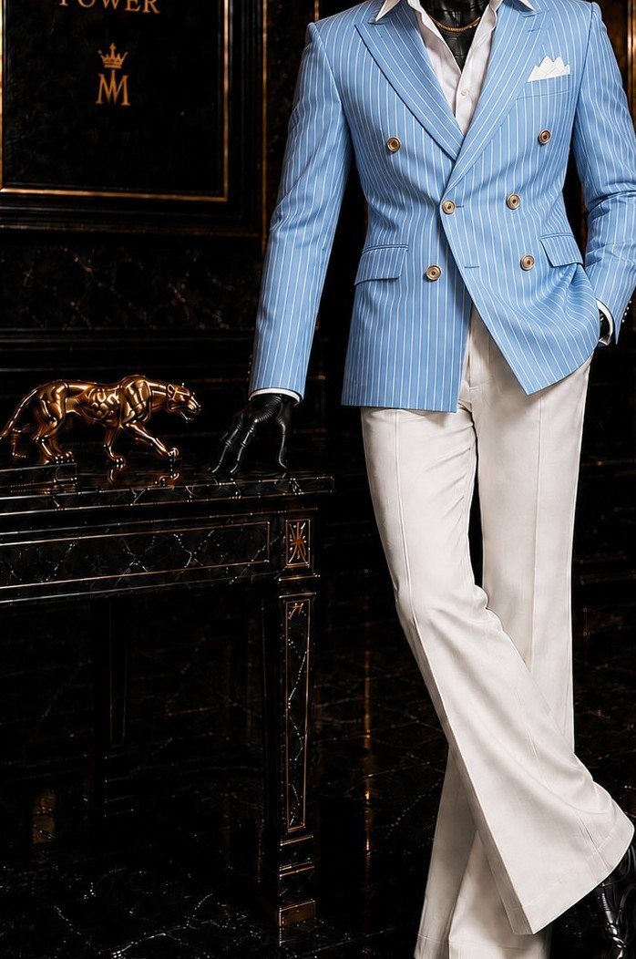 A light blue pinstripe double-breasted blazer paired with white trousers on a mannequin.