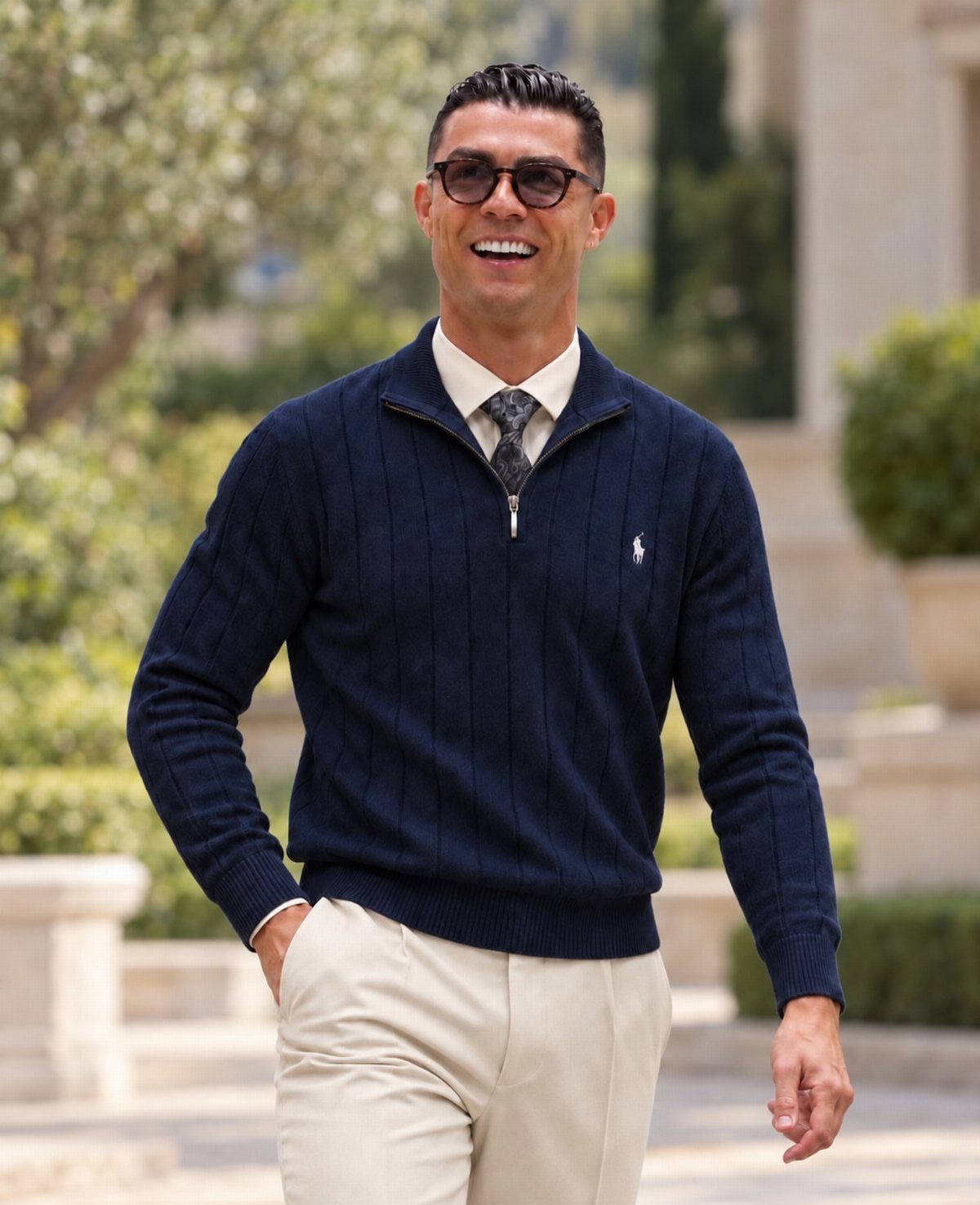 A man in a navy quarter-zip sweater, white shirt, tie, and beige trousers walking outdoors.