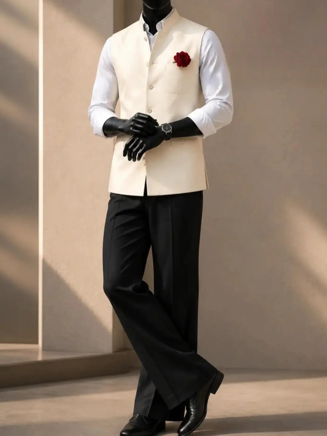 Mannequin wearing a cream waistcoat, white shirt, and black trousers with a red flower.