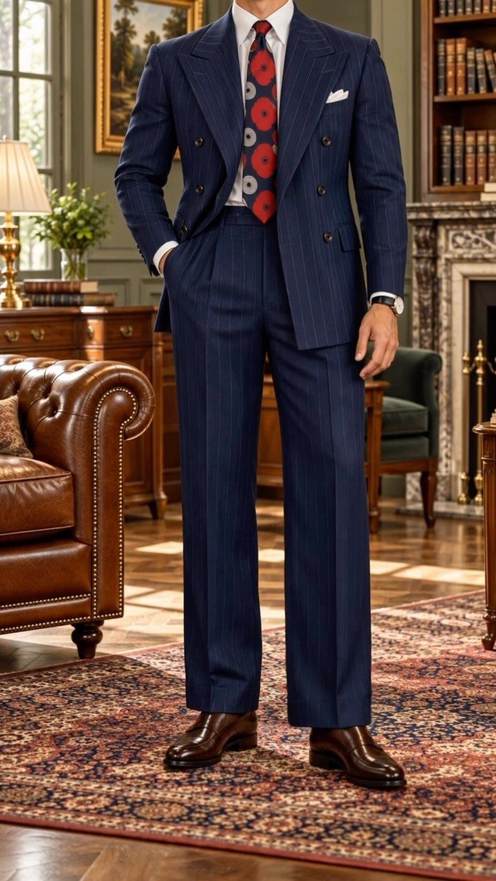 Man wearing a perfectly tailored navy blue pinstripe double-breasted suit and brown leather shoes.