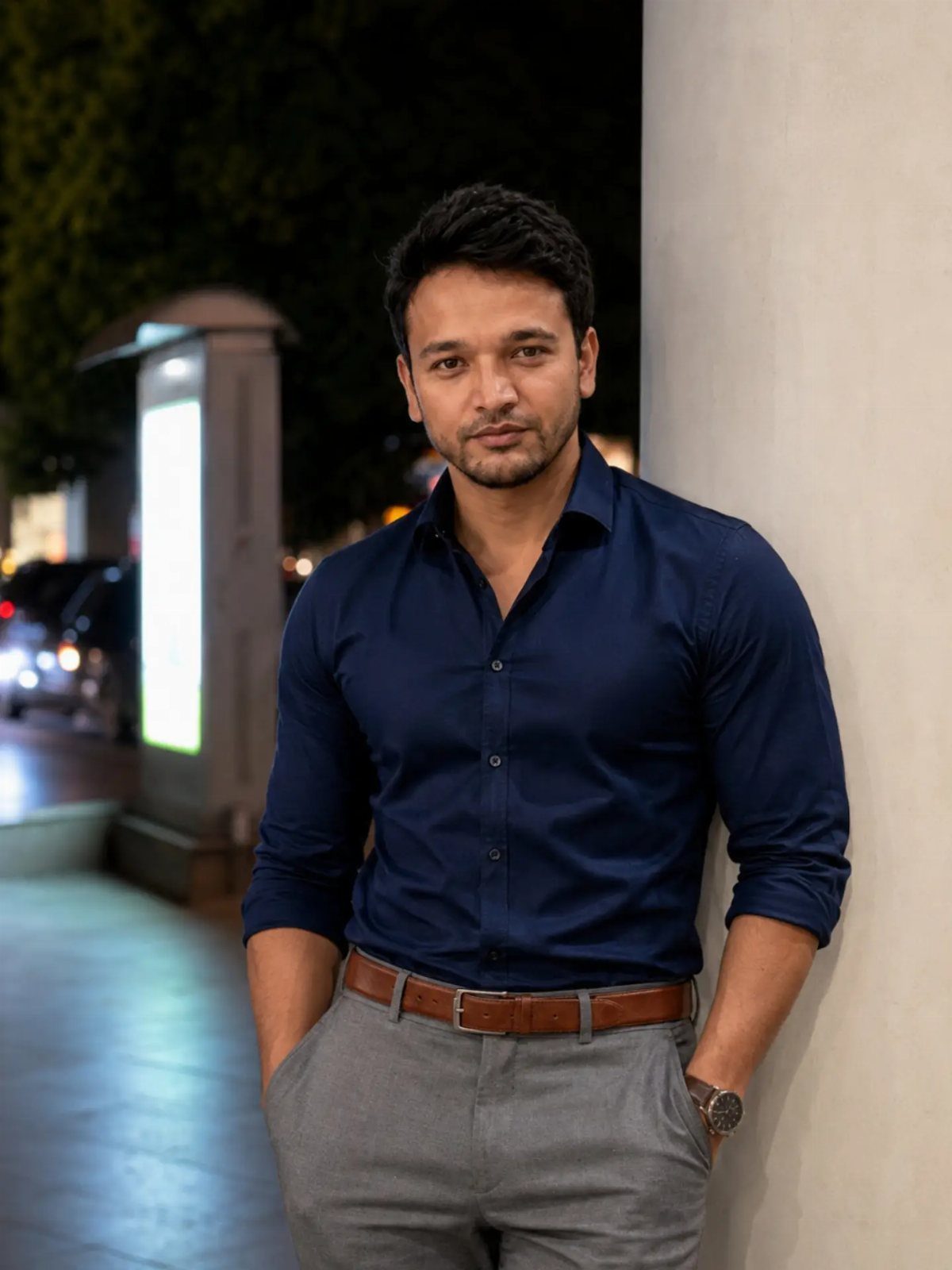 A man wearing a navy blue shirt and grey trousers leaning against a pillar at night.