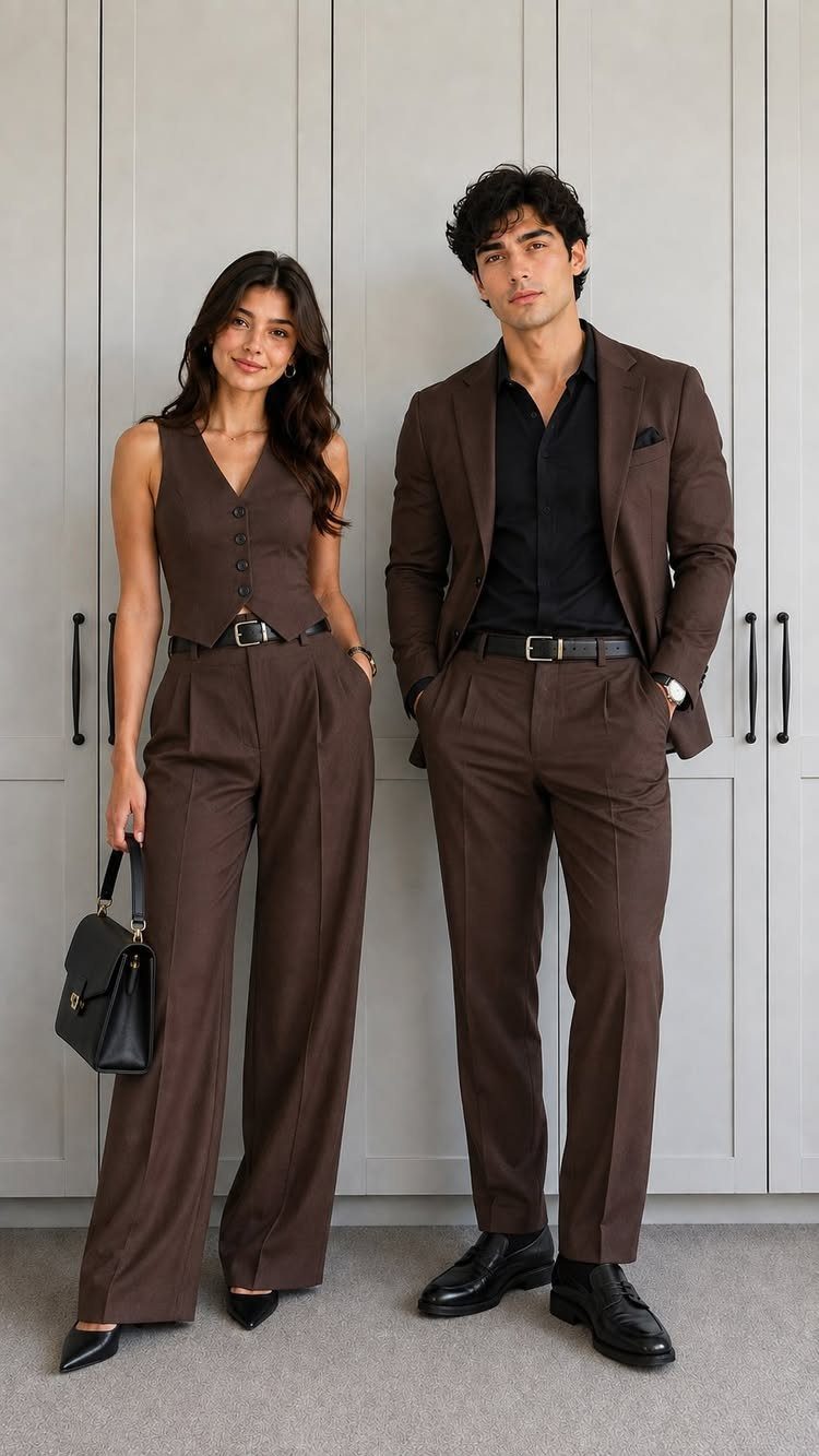 A man and woman posing in coordinated brown formal outfits against a light grey background.
