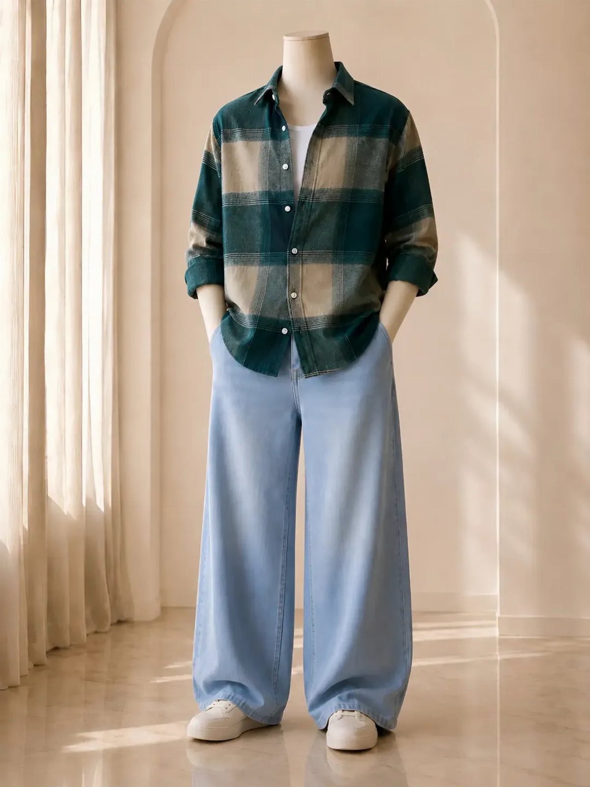 Mannequin wearing a green plaid shirt, wide-leg blue jeans, and white sneakers in a bright room.