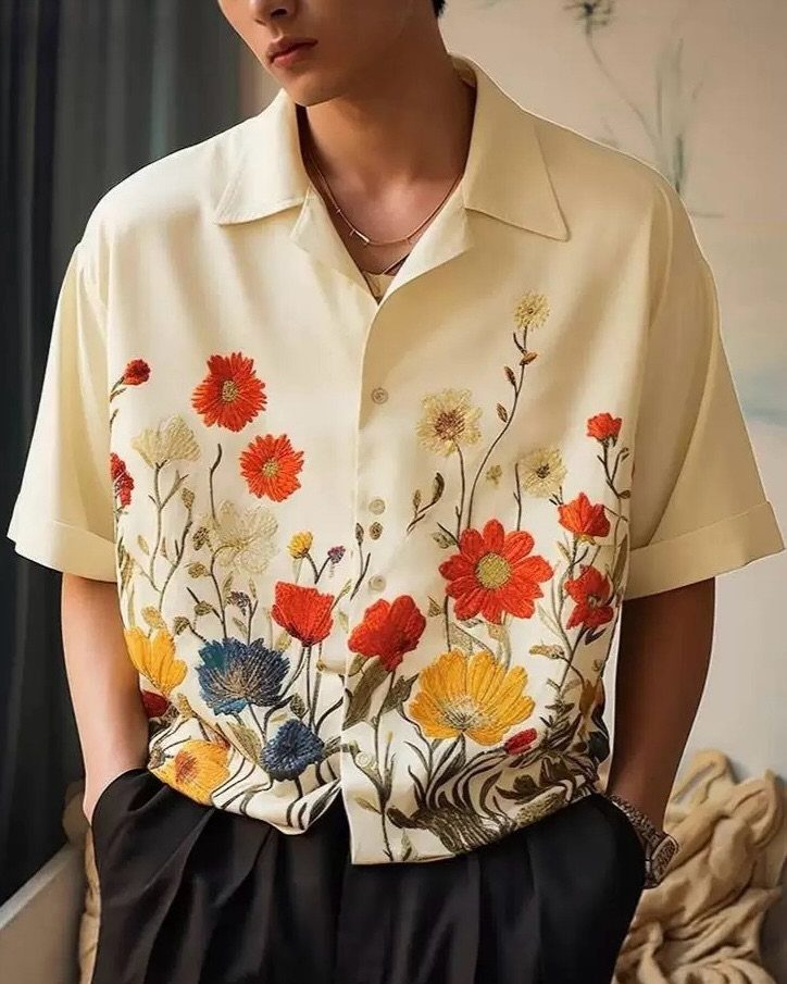 Man wearing a cream short-sleeved shirt with vibrant floral embroidery and black trousers.