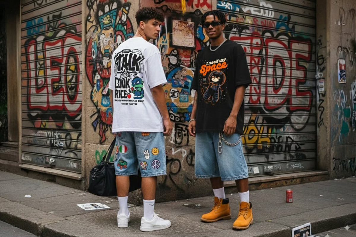 Two men wearing graphic t-shirts and denim shorts standing before a graffiti wall.