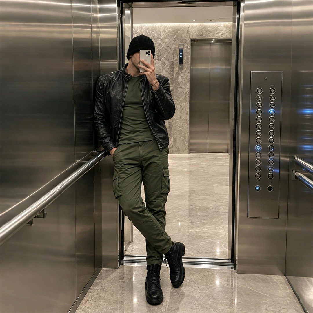 Man in olive green cargo pants and black combat boots posing for a mirror selfie in an elevator.