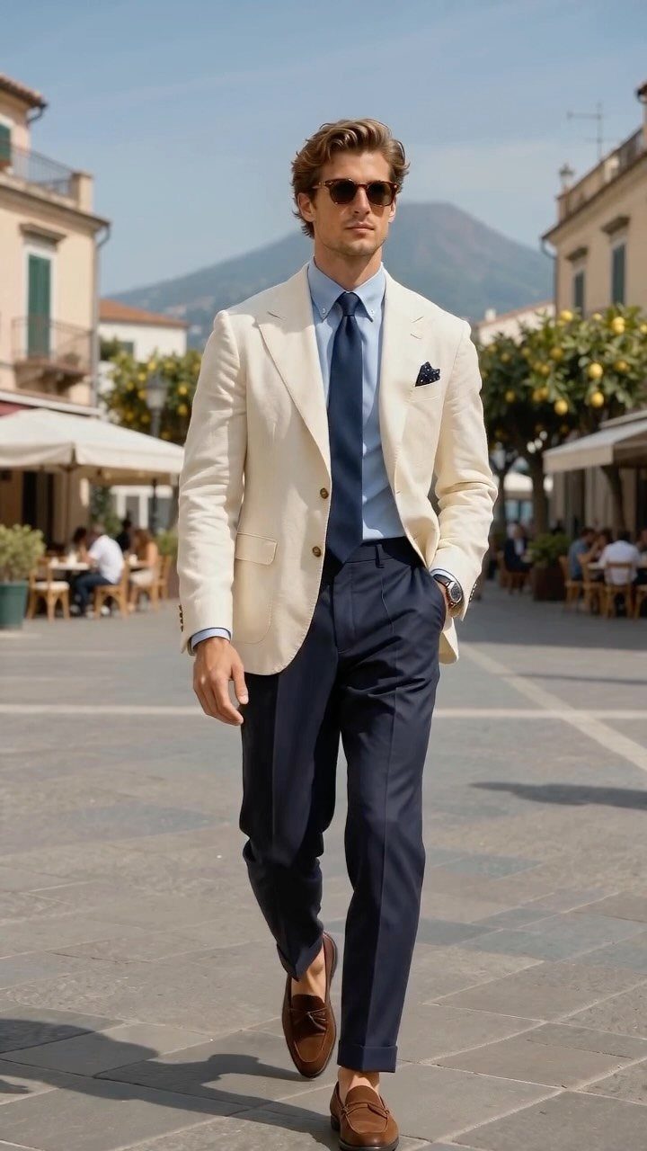 Man in a cream blazer, blue shirt, tie, and navy trousers walking through a sunny plaza.