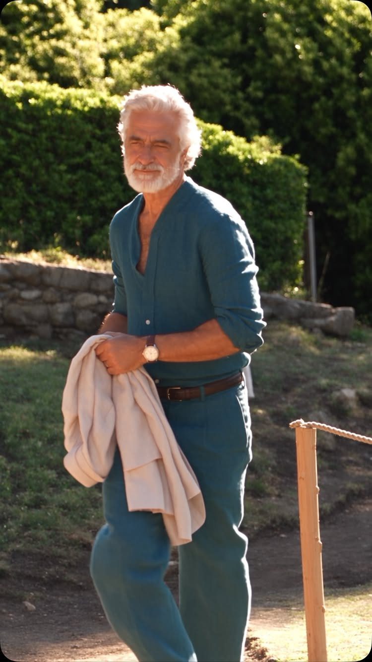 An older man with white hair wearing a teal linen outfit walking through a sunny outdoor setting.