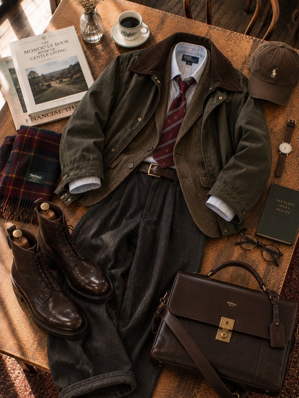 Classic ivy league menswear including a field jacket, tie, trousers, and leather boots laid on a table.