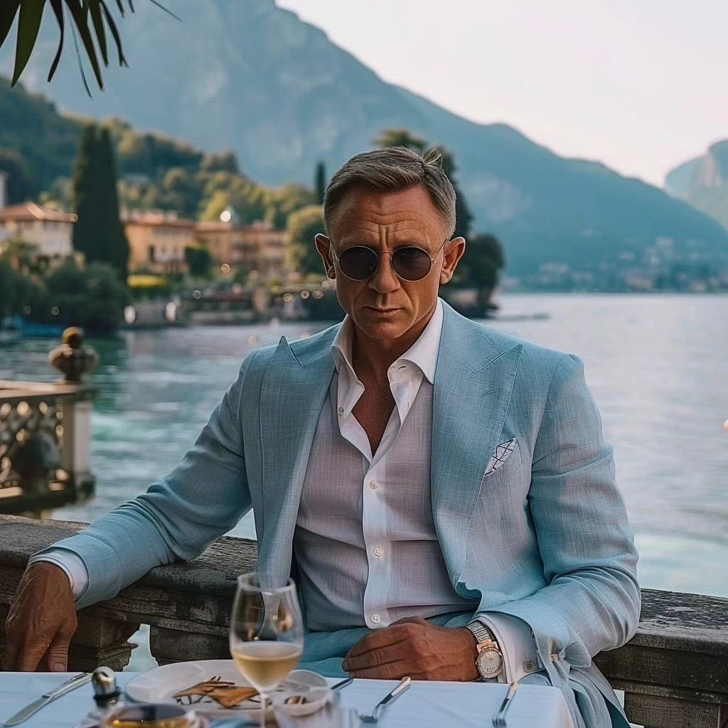 A man in a light blue blazer and white shirt sitting by a scenic lake.